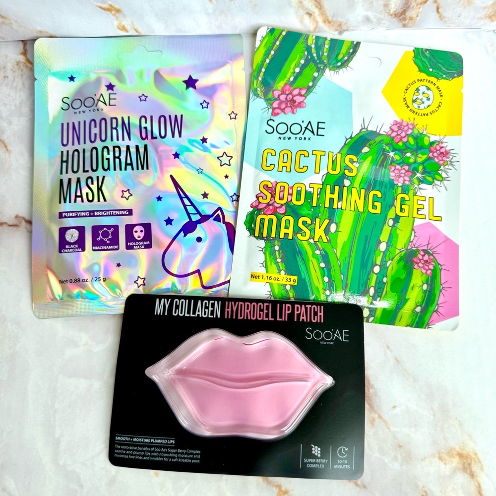 SOOAE UNICORN GLOW HOLOGRAM MASK Cactus Soothing Gel MY COLLAGEN LIP HYDRO PATCH